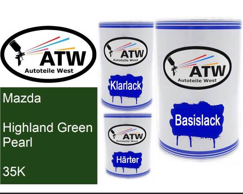 Mazda, Highland Green Pearl, 35K: 500ml Lackdose + 500ml Klarlack + 250ml Härter - Set, von ATW Autoteile West.